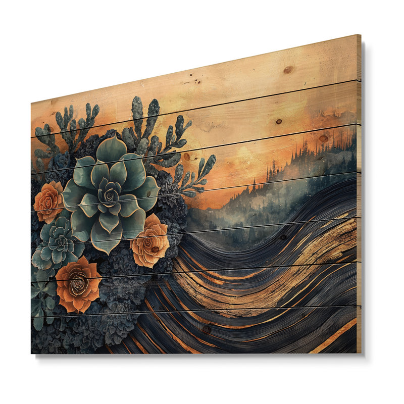 Fleurs en bois succulentes en bois dans la rivière I - Décoration murale en bois succulent - sur bois de pin naturel