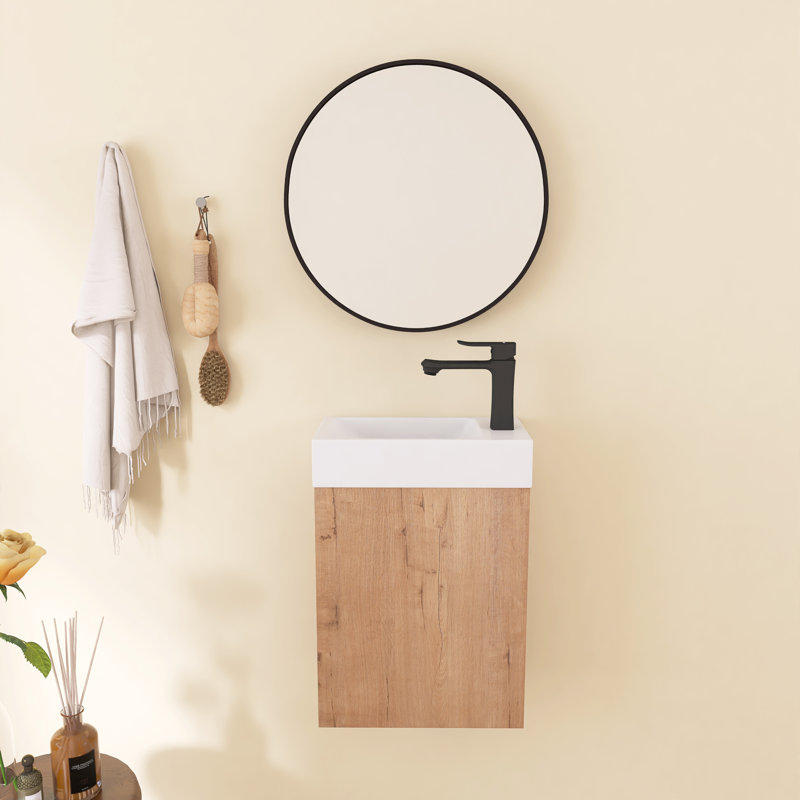 Ensemble de meuble-lavabo simple 16 po Caide, meuble-lavabo mural avec plateau en résine blanche, meuble-lavabo flottant avec porte et tablette à fermeture douce, meuble-lavabo simple avec plateau