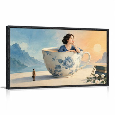 Woman in Giant Blue Floral Teacup by Mountains and Books Canvas Wall Art