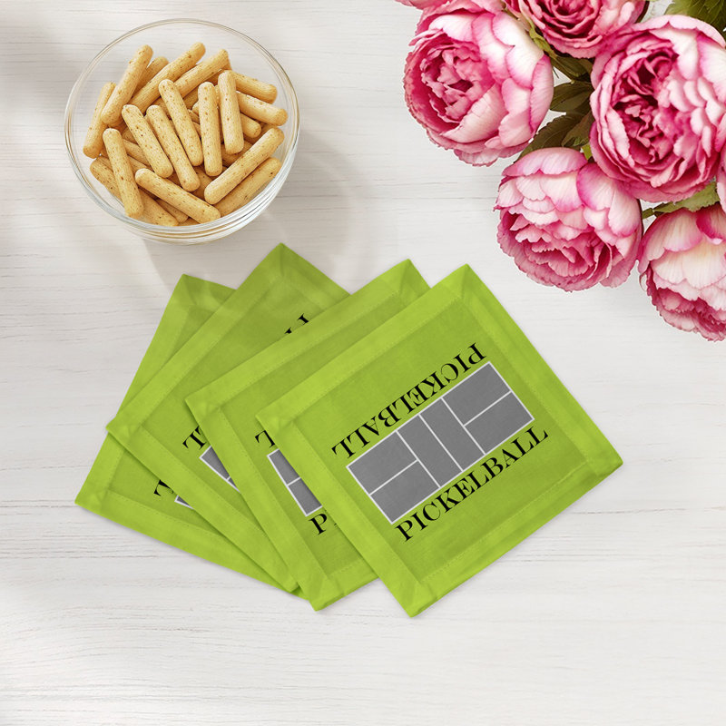 Pickelball Court Cotton Sateen Cocktail Napkins, Silver Lime