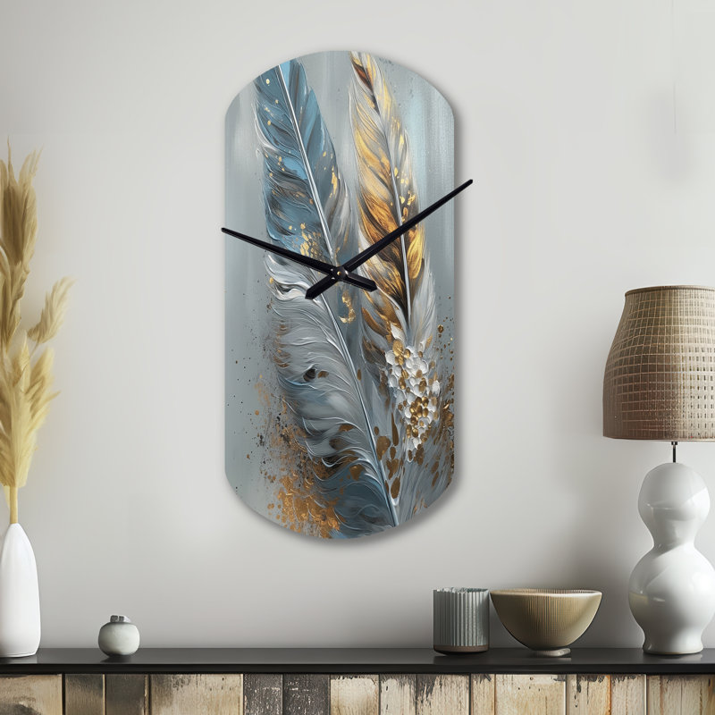 Horloge murale asymétrique en plumes dorées Wanderlust I - Glam Feather, Petit