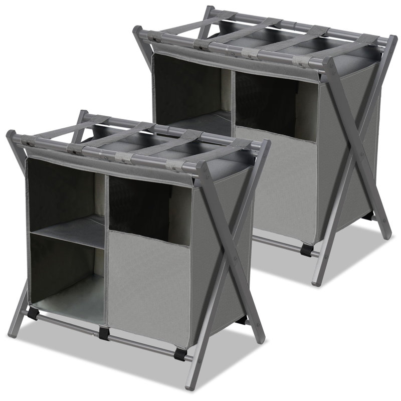 Gray Steel Folding Luggage Rack with Laundry Bag