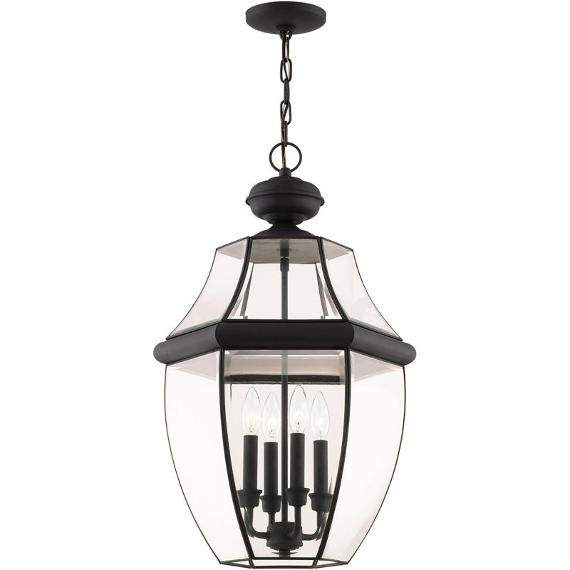 Outdoor Chain Lantern Pendant Lighting Fixture, Clear Beveled Glass Shade, Black