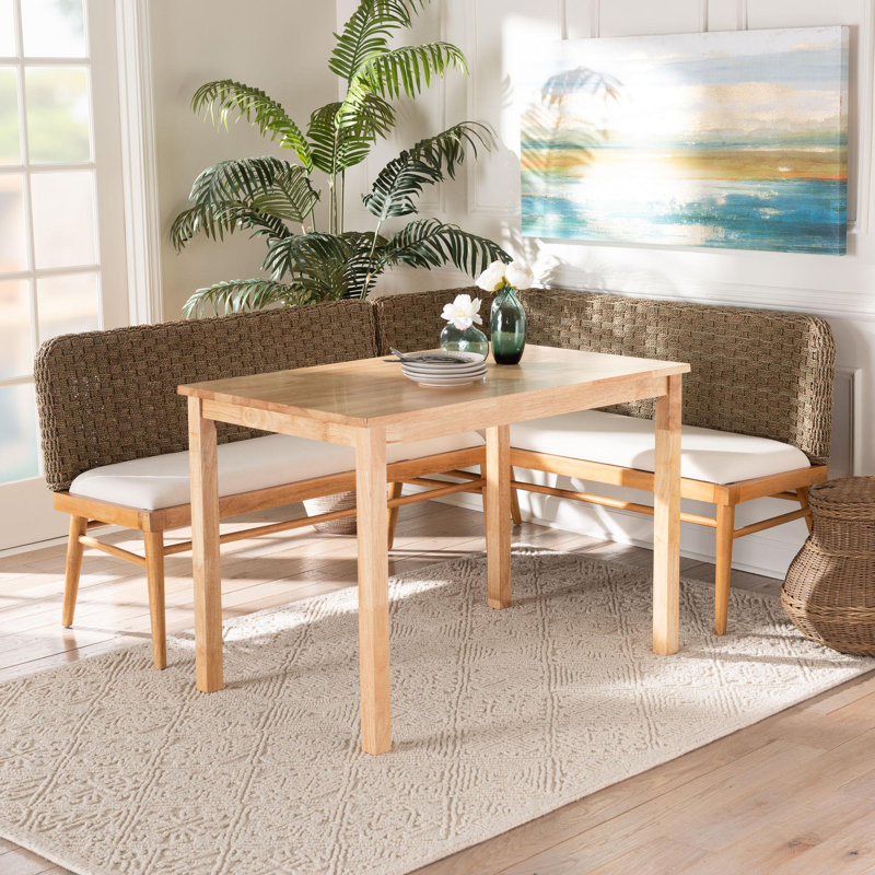 Aafrin Bali & Pari Denver Modern Bohemian Natural Seagrass And Acacia Wood 3-Piece Dining Nook Set