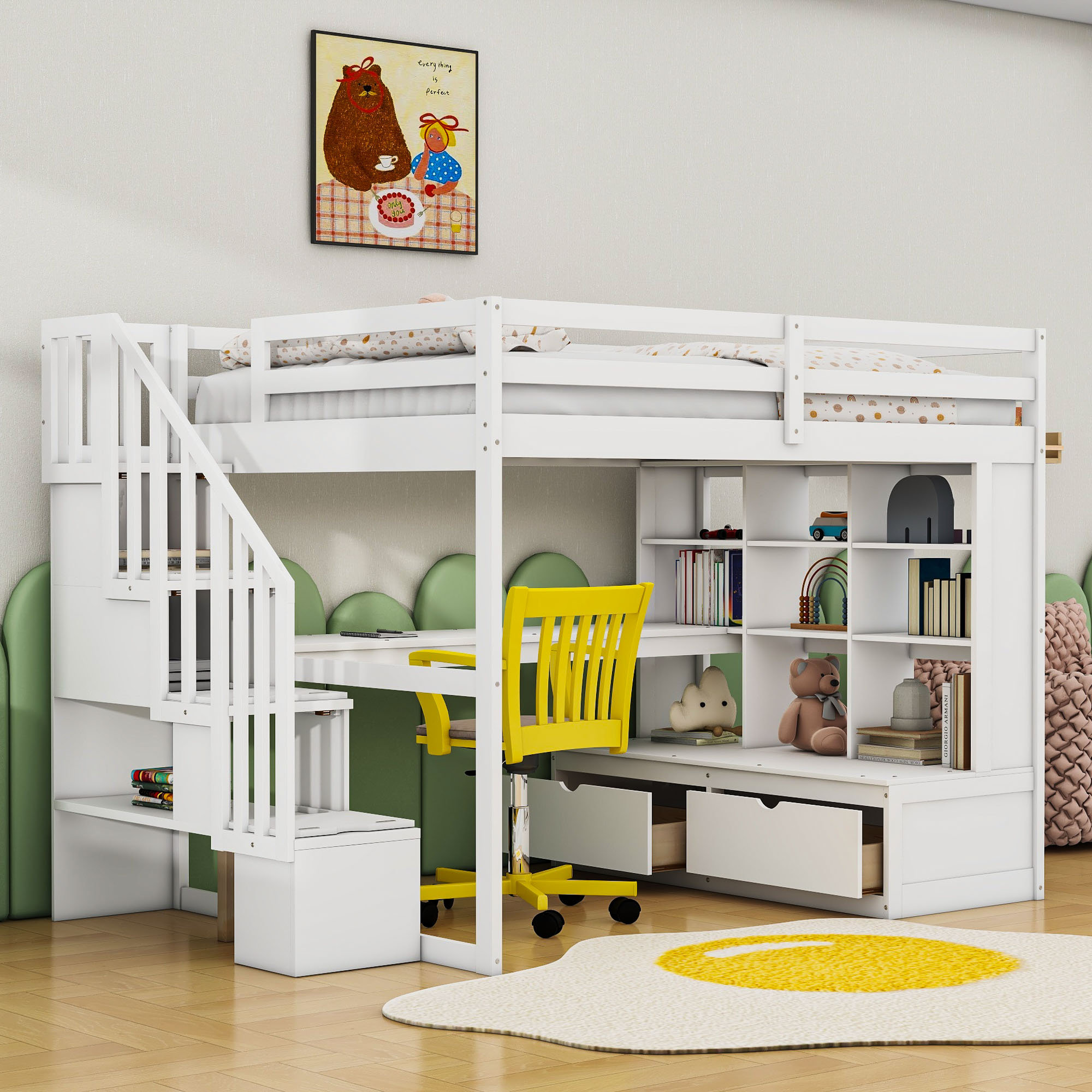 Harriet Bee Full Size Wood Loft Bed With Desk, Shelves And Drawers ...