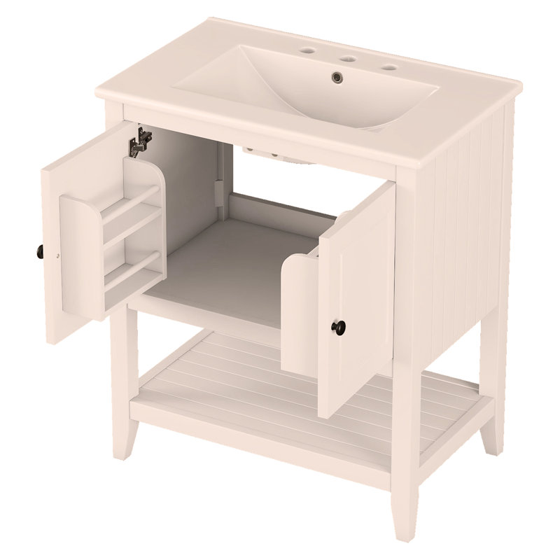 Lavabo de meuble-lavabo moderne élégant en céramique 30 po avec cadre ouvert en bois massif