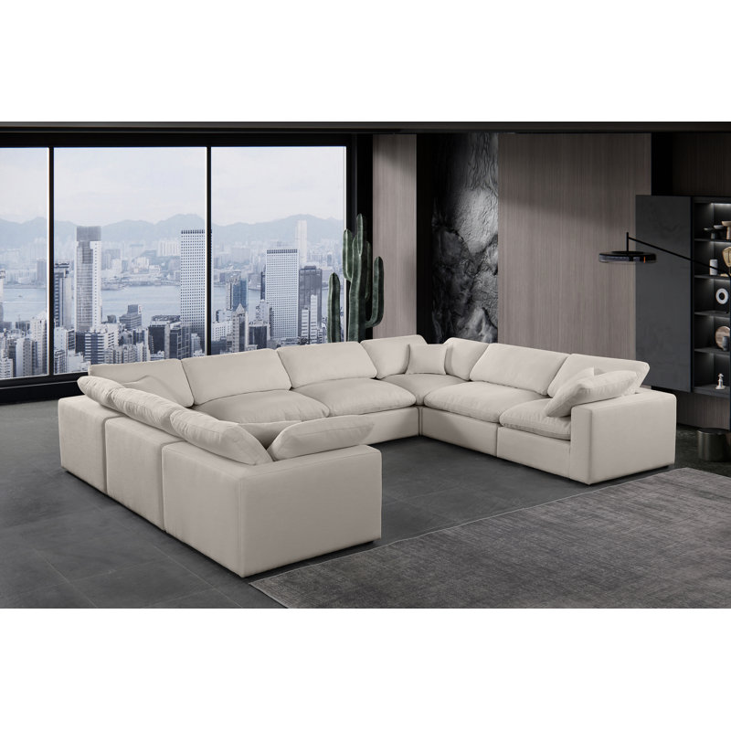 Hippler Upholstered U-Shaped Sectional Reversible, Beige Linen Textured Fabric
