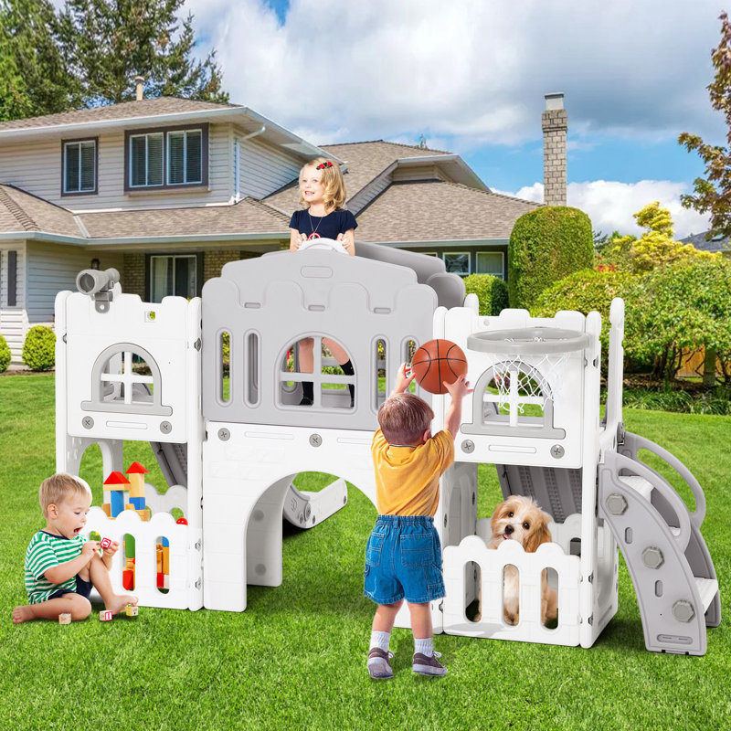 Cosvalve 70.9'' W Indoor and Outdoor Plastic Climber with Double Slide, Gray/White