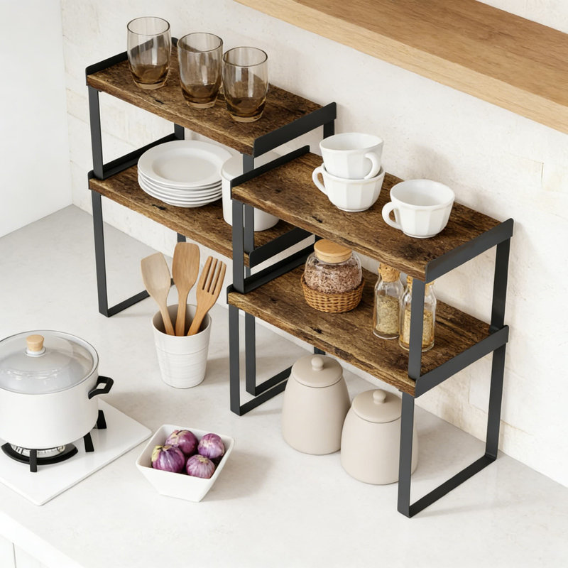 Ensemble de rangement pour tablette extensible, tablette de rangement empilable avec rebord pour la cuisine, la salle de bain et le bureau, maximise l'espace vertical, la fabrication robuste en bambou et en métal