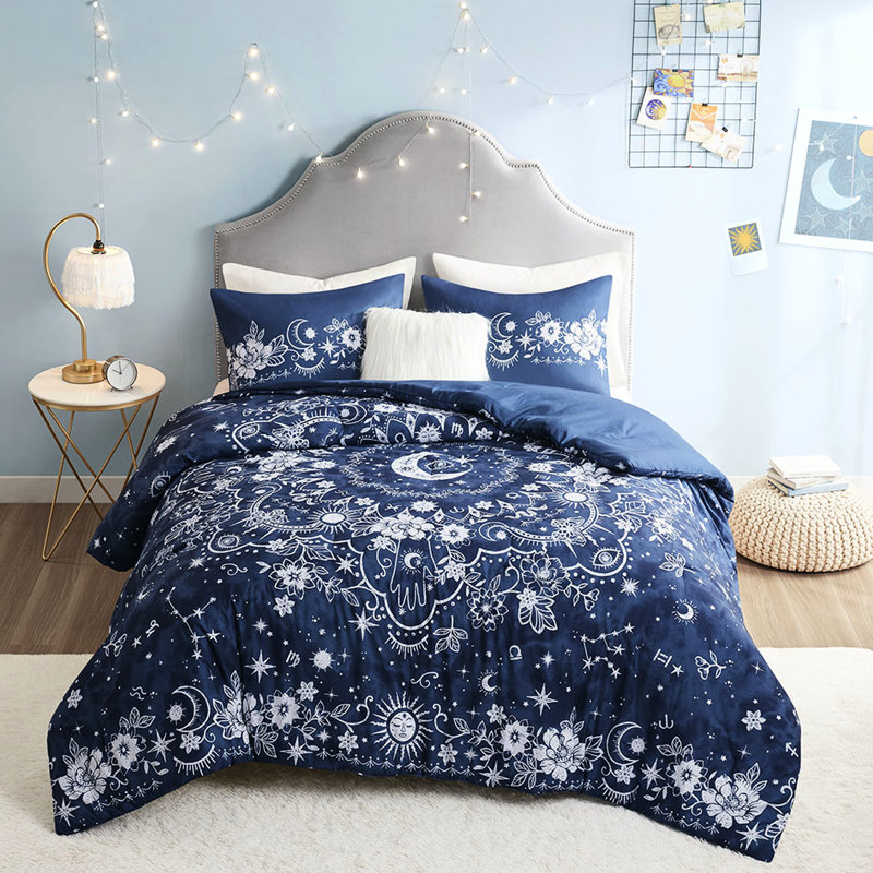 Navy Celestial Comforter For Twin/Twin Xl Beds - Floral Accents, , Steam In Theme Navy, Fabric