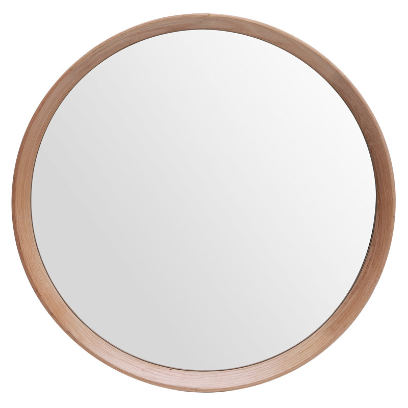 Wood Round Wall Decorative Mirror for Bathroom Bedroom, Oak, 31.5" x 31.5"