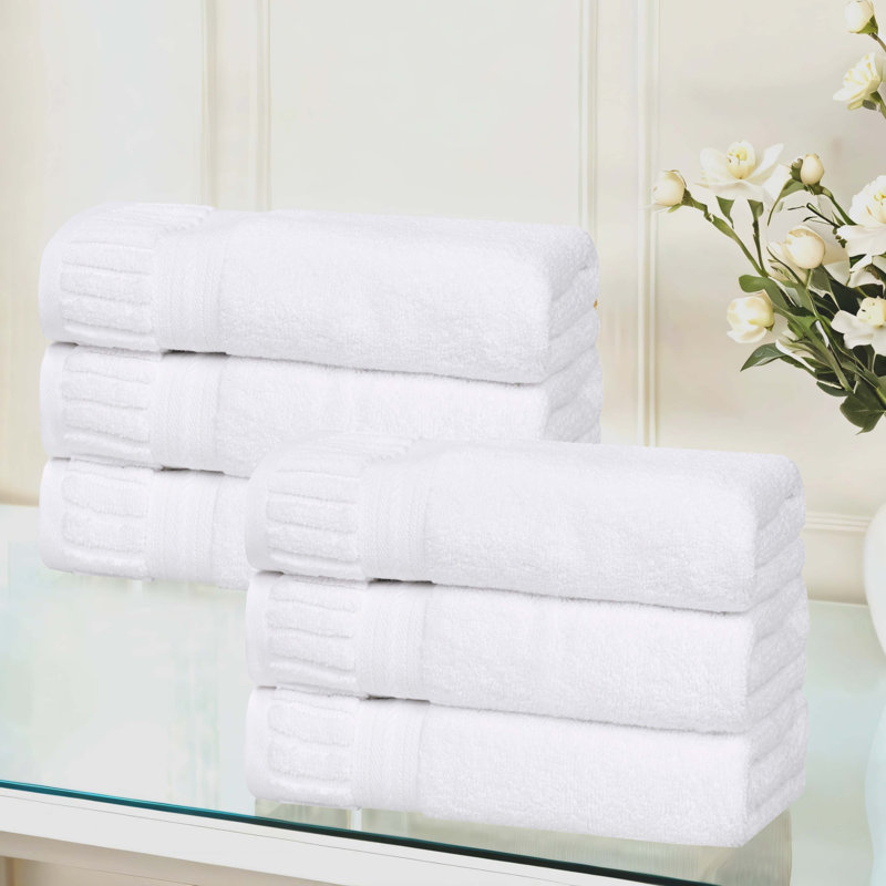 White Cotton 6 Piece Hand Towels Set with Ribbed Border