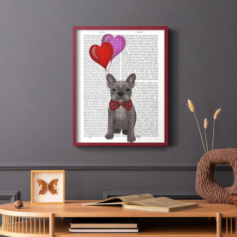 Bouledogue français et ballons français, reproduction encadrée, Cadre simple rouge, H 10 po x l 8 po