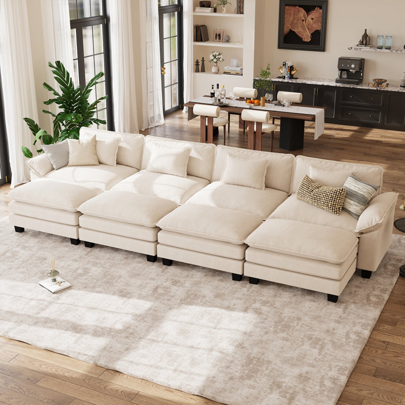 154" W U-Shaped Modular Sectional Sofa With Deep Seat, Cloud Couch With Four Ottomans & Removable Cushions-Beige
