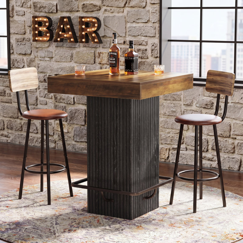 31.5 Inch Square Dining Table Counter Height Kitchen Table with Fluted Pedestal and Metal Footrest, Brown/Black