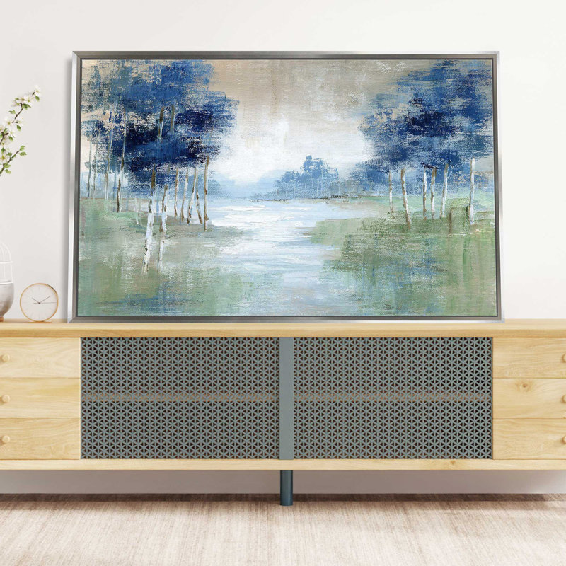 Birch River par Nan - Peinture, L 51,5 po x H 31,5 po, Encadrement argenté