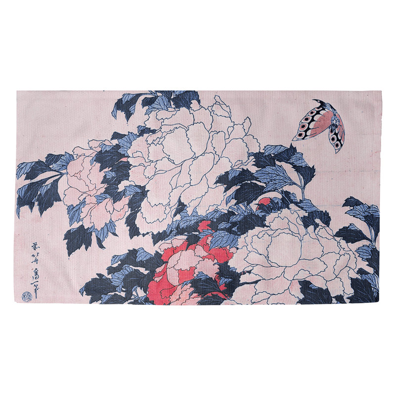 Paillasson d’intérieur avec chevilles pivoines et papillons, Rectangle 3 pi 3 po x 5 pi 3 po, Bleu / rose