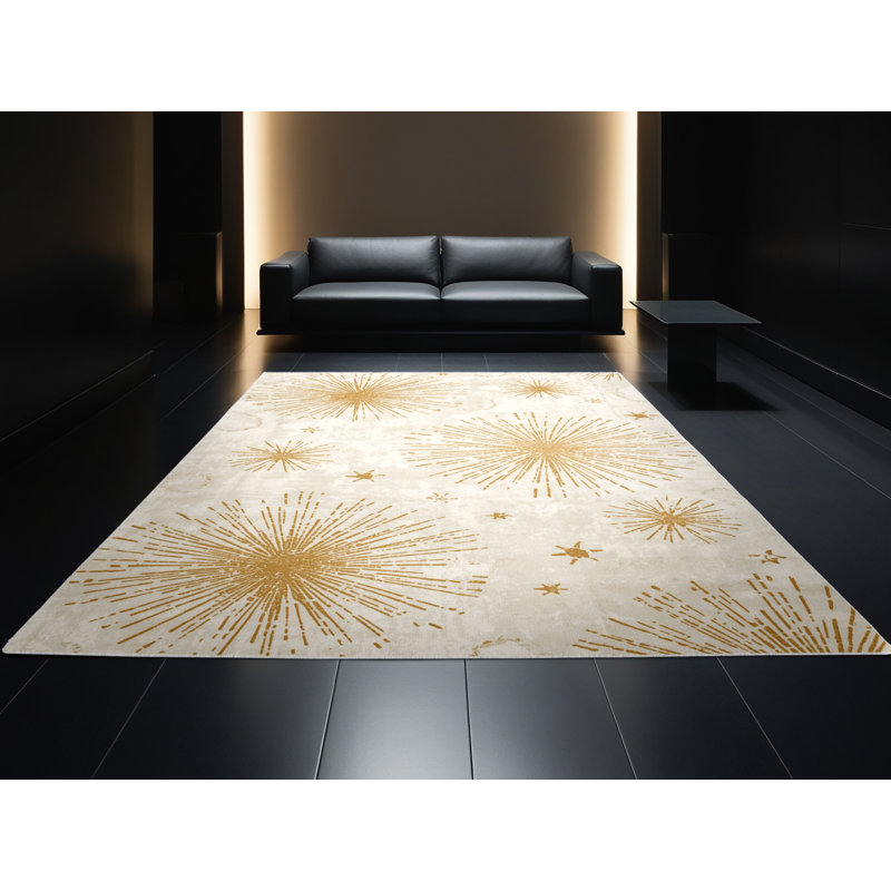 Soft Plush Farner New Years Modern & Contemporary Abstract Area Rug in Beige – White Binding, 4x6