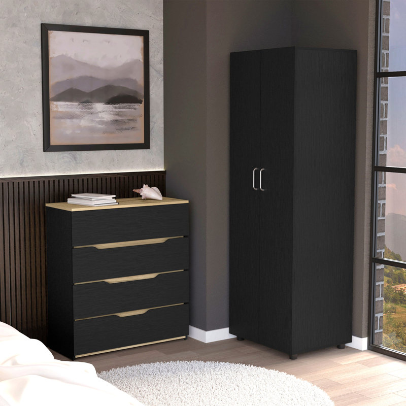 Ensemble de chambre à coucher 2 pièces, armoire avec commode, noir / chêne clair