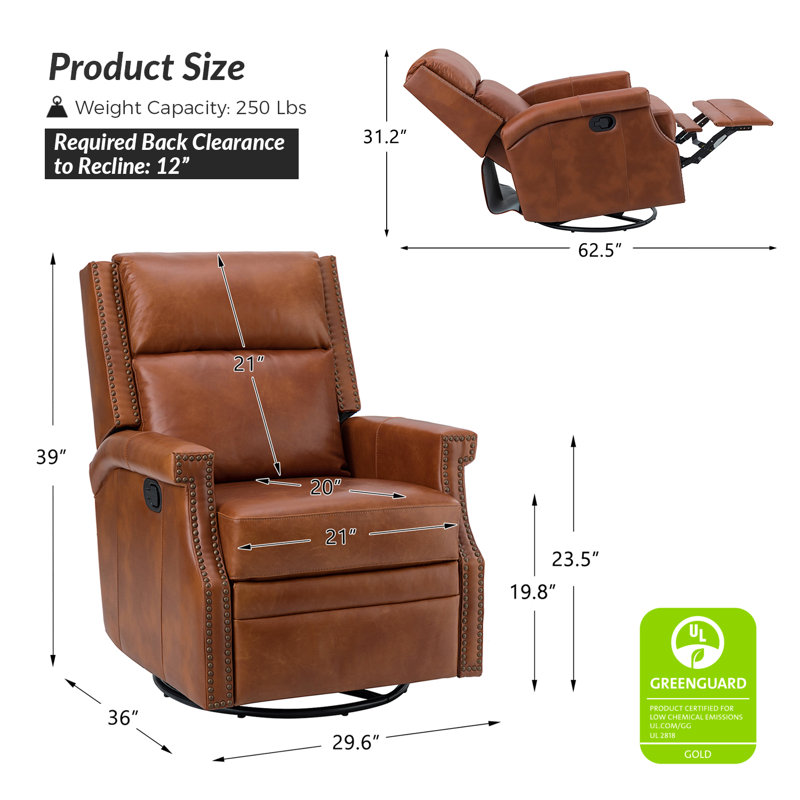 Fauteuil inclinable berçant manuel pivotant de 29,6 po Manning, Cuir fleur brun cuir