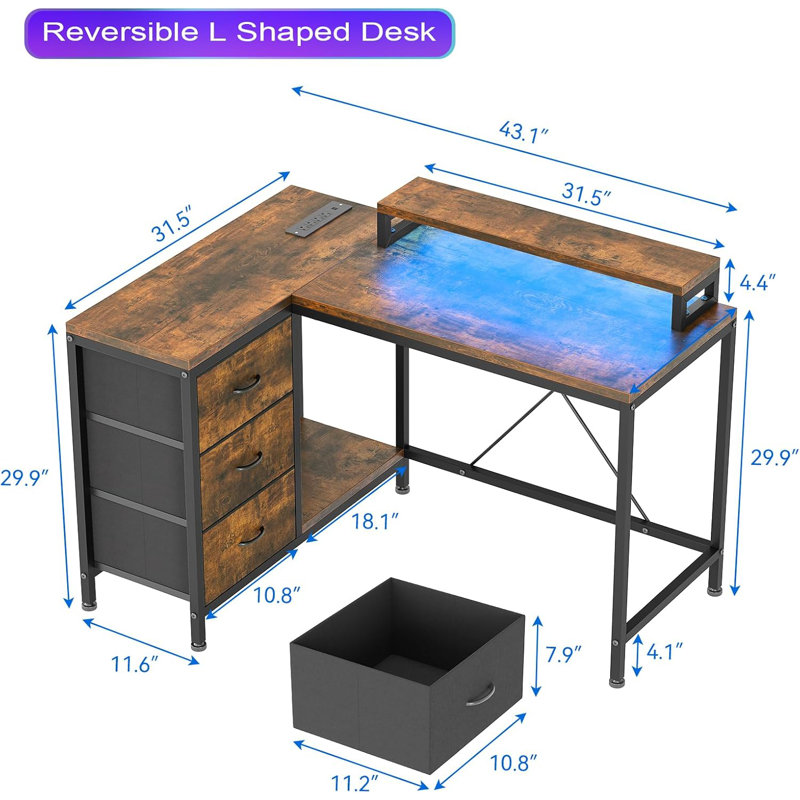 L Shaped Desk With Power Outlets & LED Lights, Computer Desk With Drawers & Shelves, Corner Desk Gaming Desk Home Office Desk, Oak
