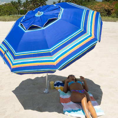 7Ft Heavy Duty High Wind Beach Umbrella Parasols With Sand Anchor & Tilt Sun Shelter, UV 50+ Protection Outdoor Sunshade Umbrellas Carry Bag For Patio Garden Pool Backyard Stripe Blue