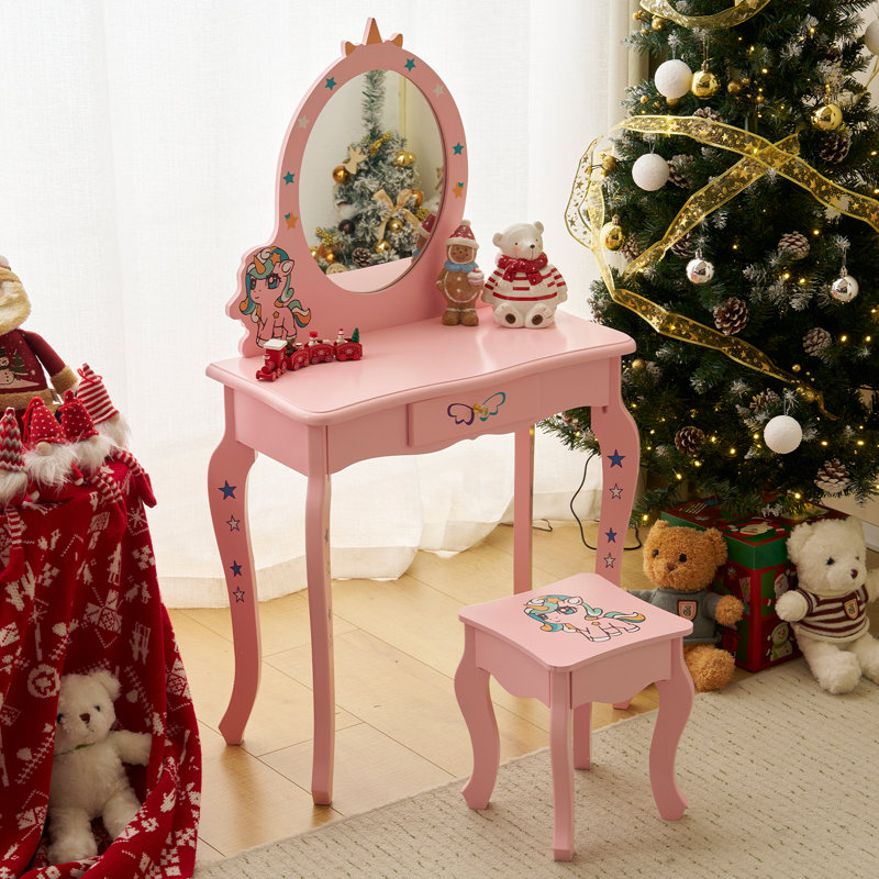 24"W Unicorn Kids Vanity Set With Mirror, Pink