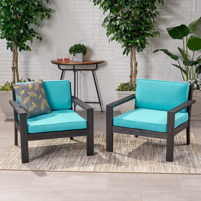 Aylie Acacia Outdoor Lounge Chair, Teal Cushion/Light Brown Frame, Dark Gray Cushion/Light Gray Frame