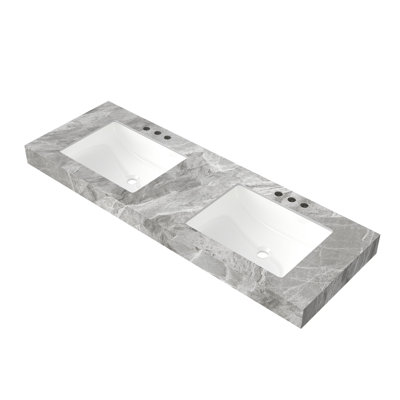 60" MURI Light Gray Sintered Stone Countertop and 2 Undermount Ceramic Basins Each with Three Standard Pre-drilled Faucet Holes, NO Cabinet, NO Faucet and Sink Cover 
