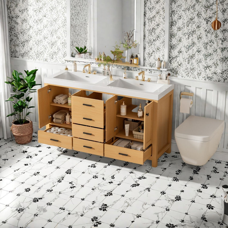Meuble-lavabo moderne en bois avec rangement double, tablettes réglables