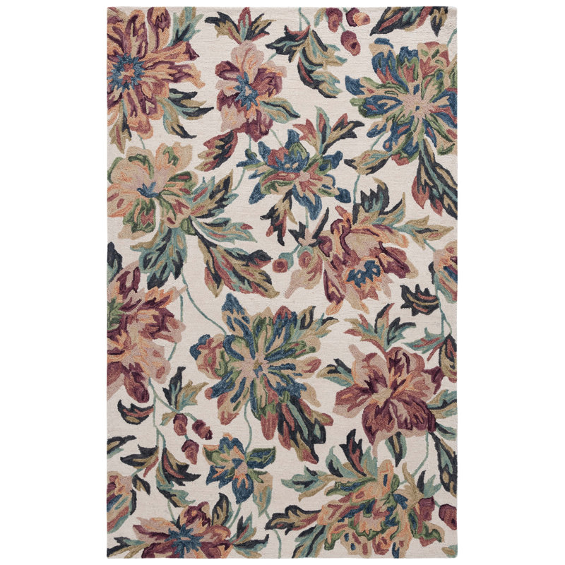 Kameyah Hand Tufted Wool/Cotton Floral Rug in Ivory/Plum, Square 6'