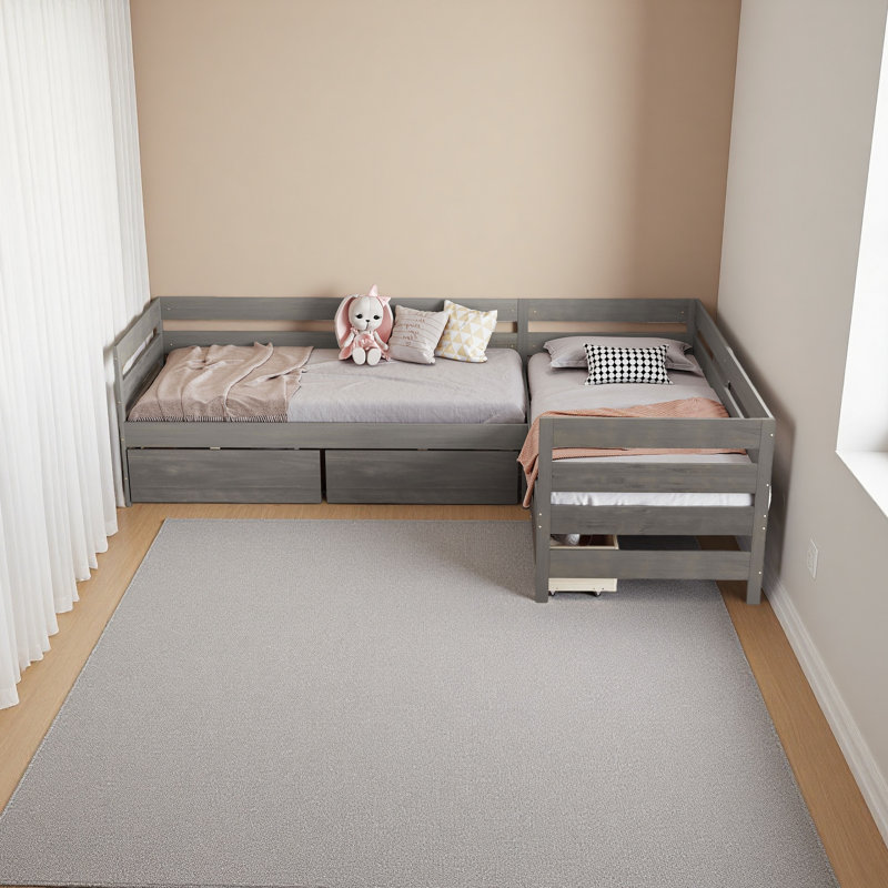 Lit plateforme simple en forme de L avec trois tiroirs de rangement, Gris