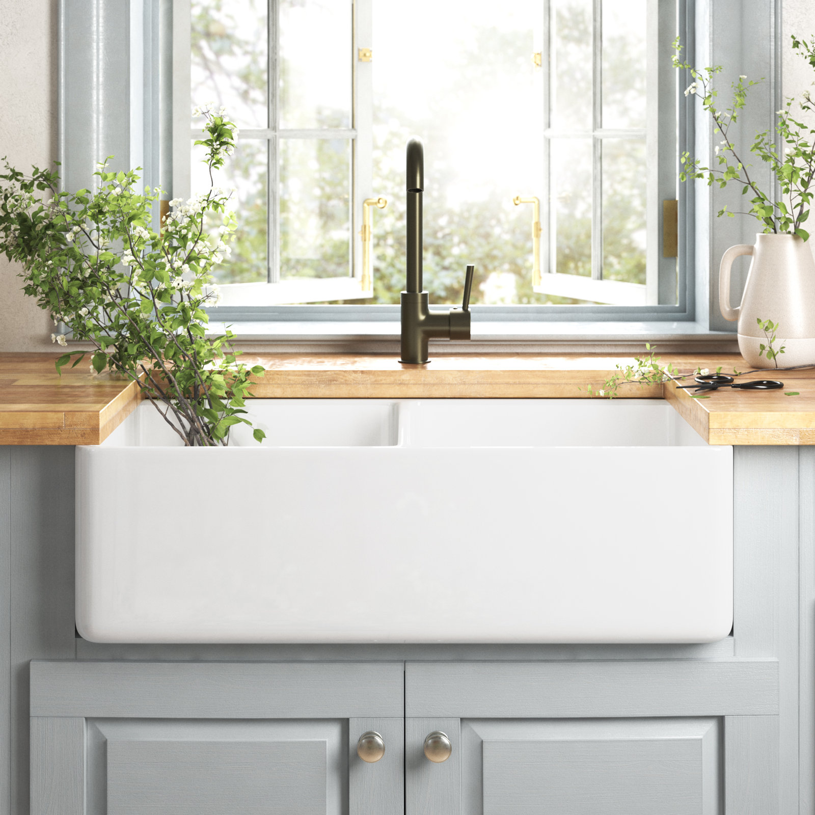 Marisol 33" Double Basin Farmhouse Sink, White