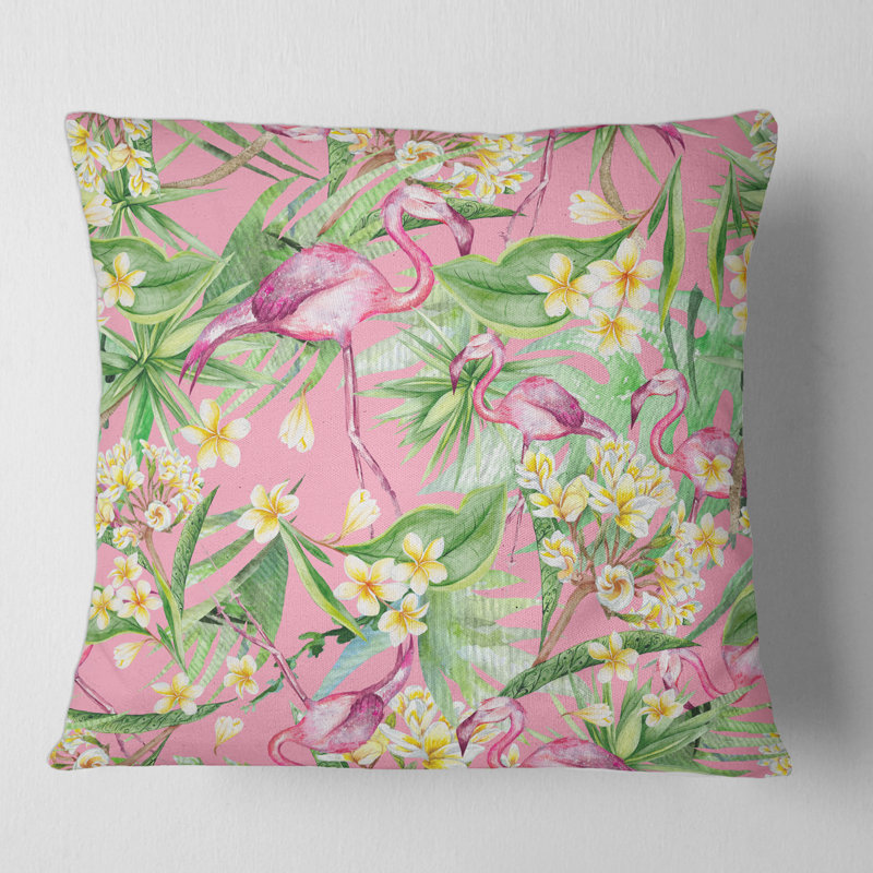Housse et insert de coussin carré Tropical Foliage, Flowers with Flamingo III, 16" x 16"