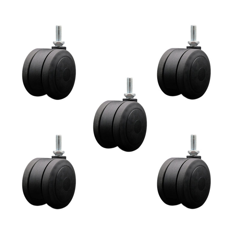 3 Inch Black Heavy Duty Floor Safe Twin Wheel Caster 3/8” Threaded Stem Set of 5