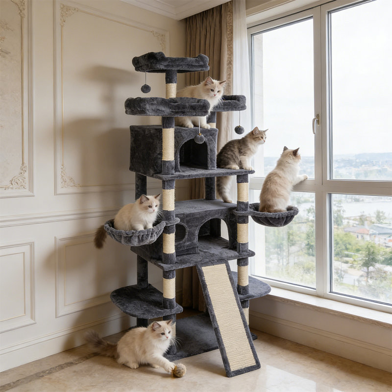 Grande tour à chat 10 couches pour chats d'intérieur, tour à chat 69 pouces pour plusieurs chats adultes, arbre à chat avec poteau à griffes et rampes d'escalade, 2 hamac, 3 perchoirs, 2 condos