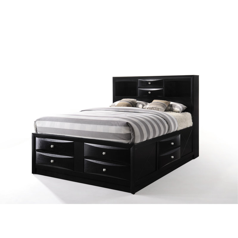 Lit de rangement double en noir, version - 8 tiroirs, sans sommier, bois accumulé noir avec installation, méthode et procédé de liaison de motifs