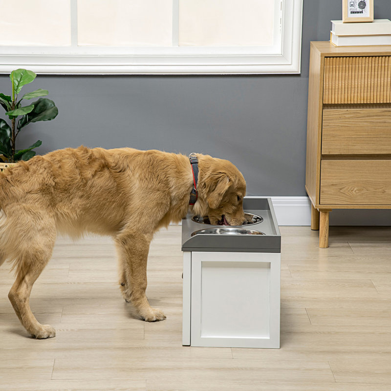 Armoire décorative, poste d'alimentation pour chien avec tiroir de rangement, armoire de rangement pour nourriture pour chien avec 2 bols surélevés amovibles