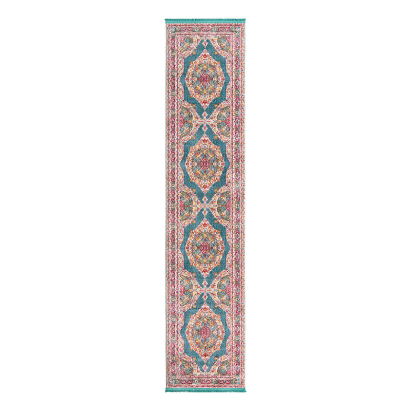 Tapis à motif oriental turquoise Folmar, Tapis de couloir 2 pi 7 po x 10 pi