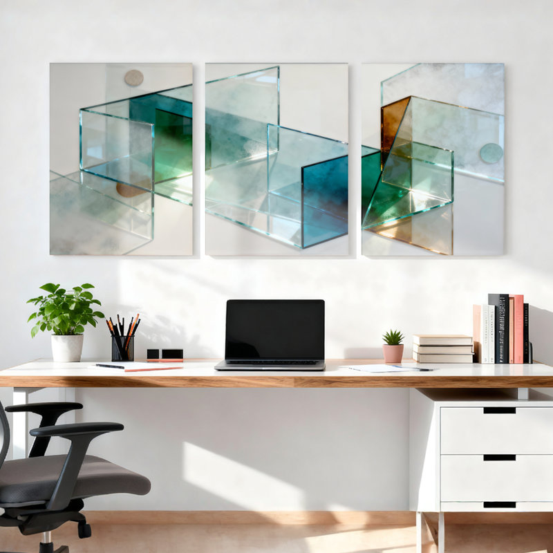 Abstrait géométrique en cubes de verre, reproduction d'art sur toile tendue sur toile, ensemble de 3, H 36 po x l 72 po