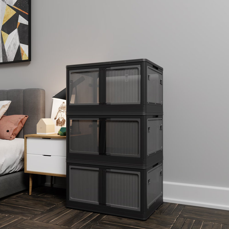 506QT 4-Pack Transparent Stackable Storage Bins with 5 Doors to Open with Wheels, Folding Plastic Craft Containers Large Closet Organizers Box for Bedrooms Living Rooms Study Kids' Toys, Whtite