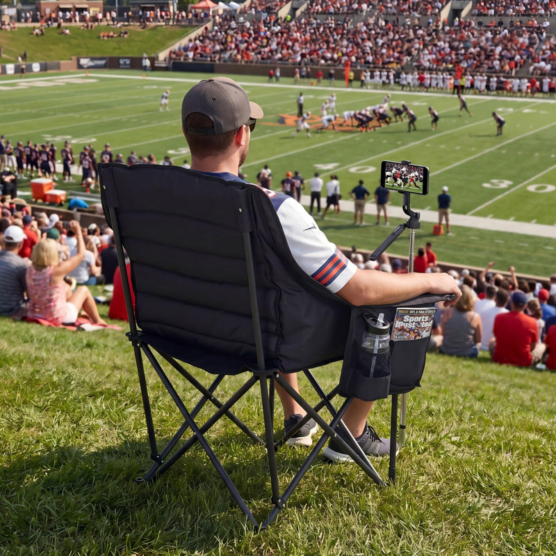 Oversized Padded Stadium Chair, Folding Spectator Chair with Phone Holder & Side Pocket for World Cup Sports Events, Black