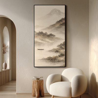 Très grand reproduction d'art sur toile - Serene Mountain River avec chalet rustique dans des tons sépia doux pour la chambre à coucher