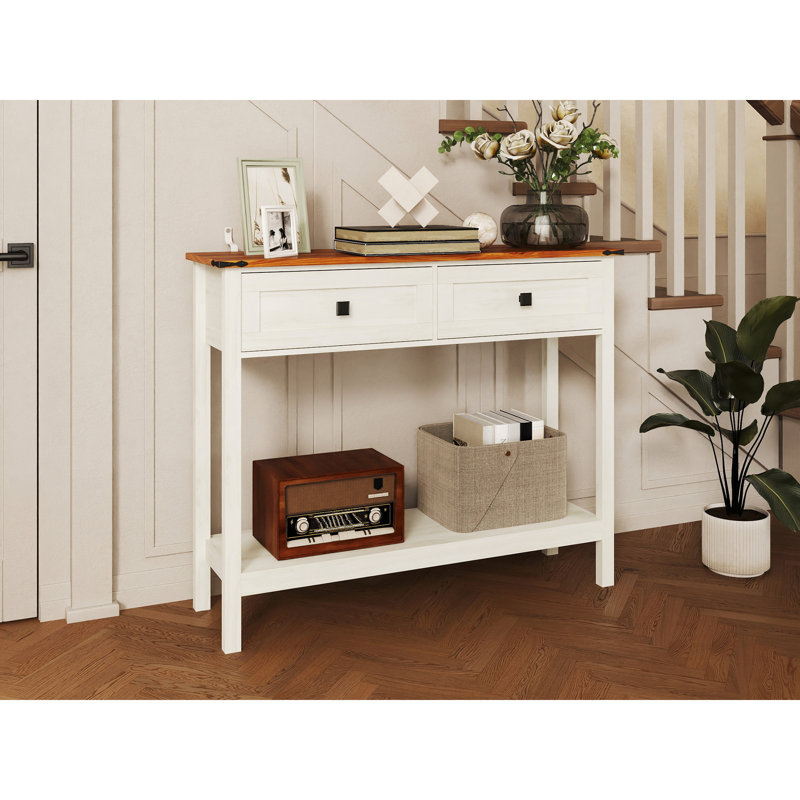 Farmhouse Style Console Table with 2 Drawer and Bottom Storage Shelf for Entryway, Rustic Side Table with Storage Drawer and Shelf for Living room, Hallway(Pagoda Blue)