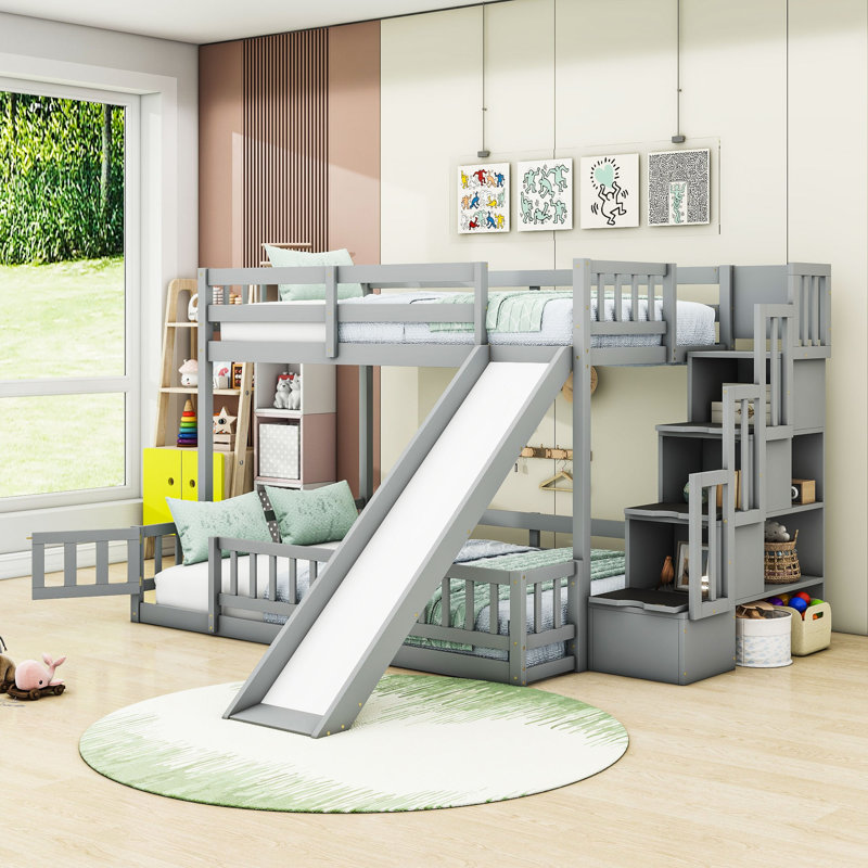 Harriet Bee Twin Over Full Wood Bunk Bed With Slide And Storage ...