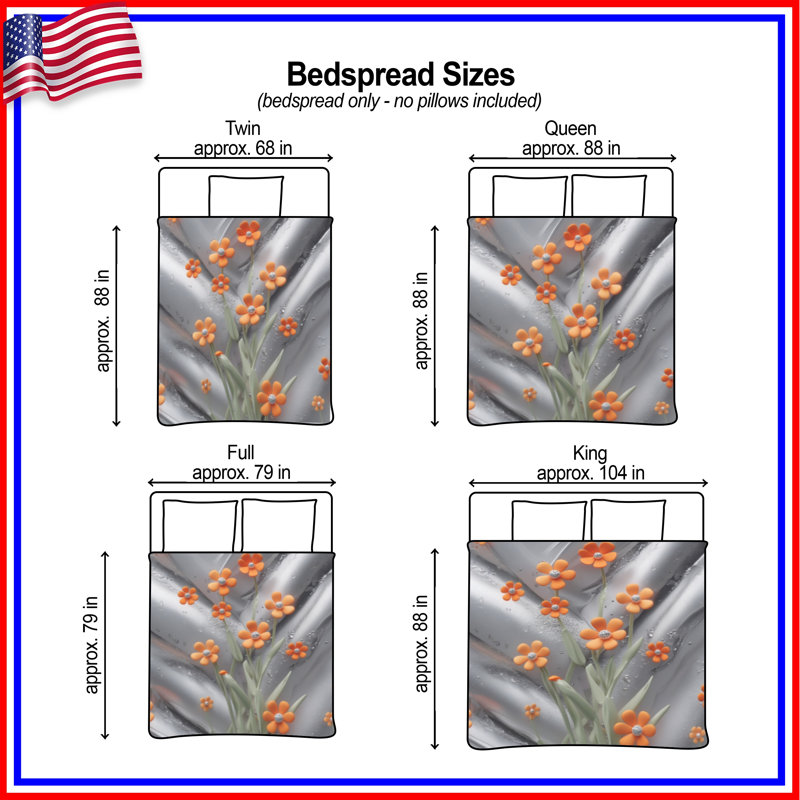 Fleurs orange sur couvre-lit matelassé argent toutes tailles, Double