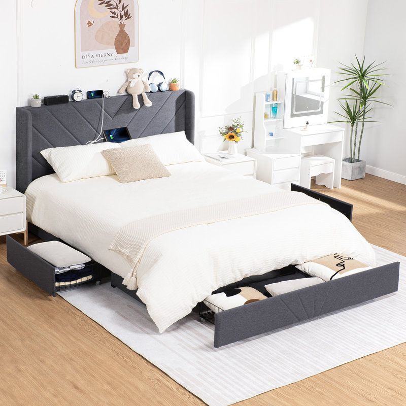 Bed Frame with 3 Storage Drawers,Upholstered King Bed Frame and Wingback Headboard, Type-C & USB,Noise-Free/No Box Spring Needed,Easy Assembly
