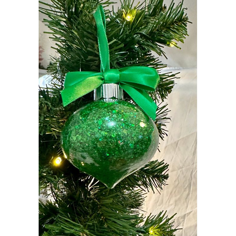 Emerald Green Glam Collection: Beautiful Emerald Green Glittered Ornament with a matching Satin Bow and Ribbon.