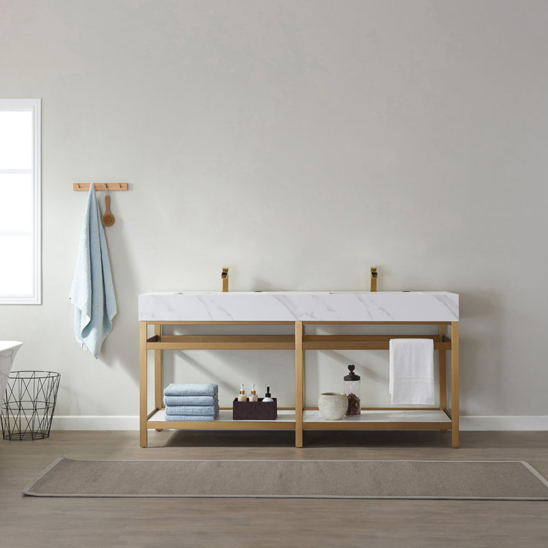 Ensemble de meuble-lavabo double 72 ", Or brossé, Pierre blanche