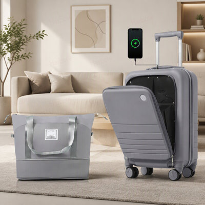 Ensemble de bagage à main à ouverture frontale de 20 pouces avec sac de voyage extensible, ensemble de valises en ABS rigide avec port USB, porte-gobelet